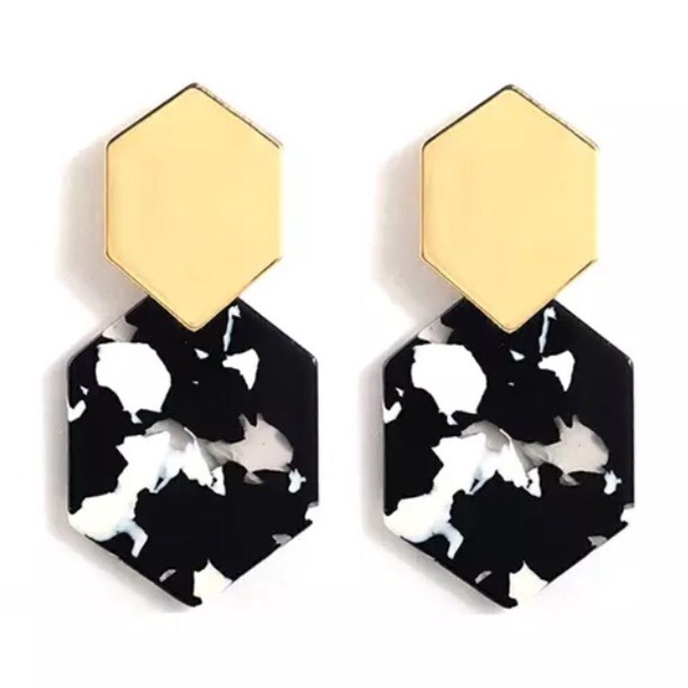 Gold Tone Black White Marble Geometric Acrylic Earrings NWT